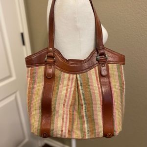 Liz Claiborne Woven Striped Bag With Leather Trim